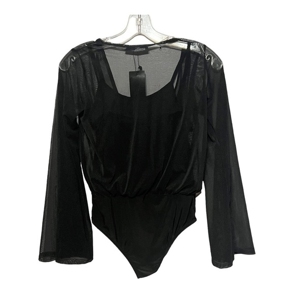 Nasty Gal Wrap Bodysuit Black Mesh Sheer Overlay Flare Sleeve Blouse Snap Size 4 - Picture 7 of 7